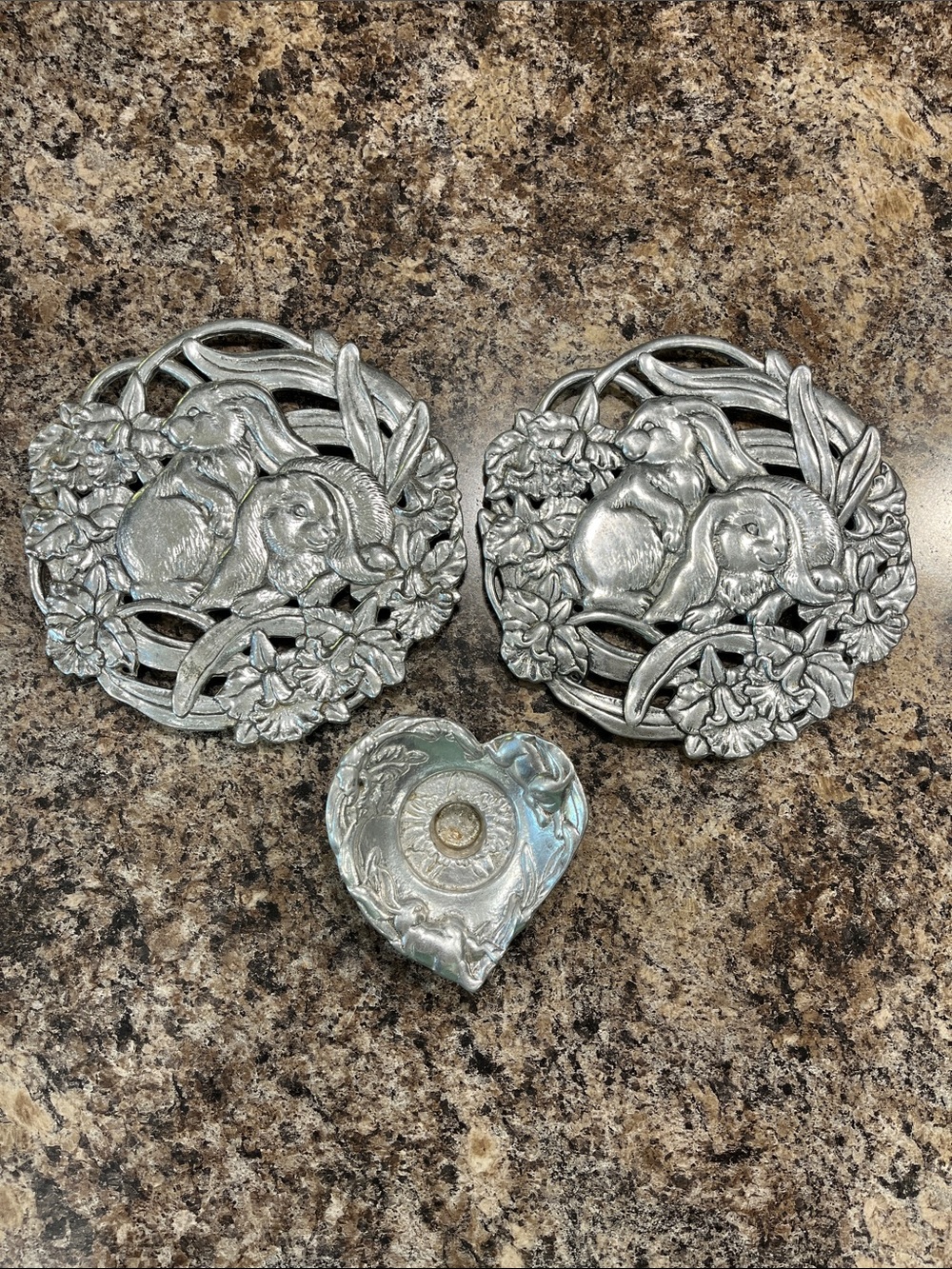 Arthur Court Bunny Wall Trivets and Bunny Heart Candle Holder - Silver Tone